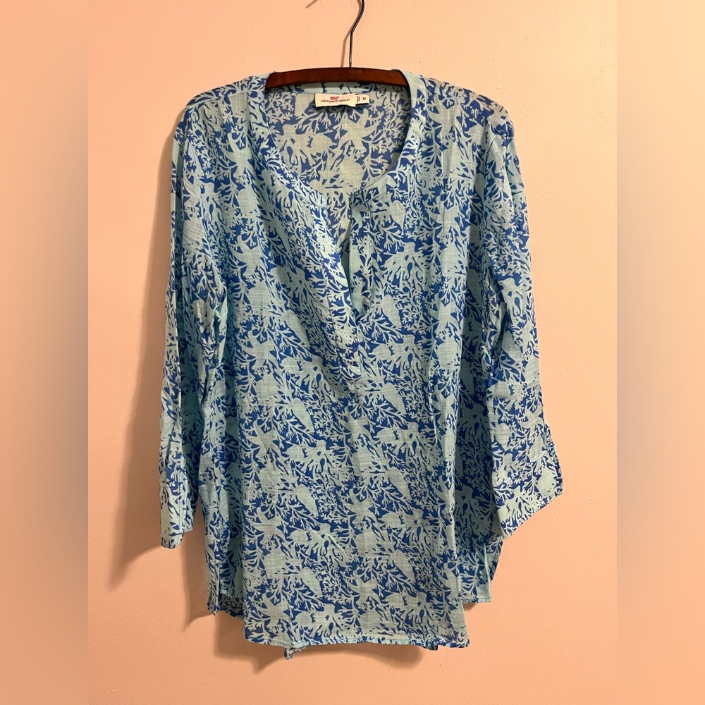 Vineyard Vines Blue Reef Print 3/4 Sleeve Tunic Top  Size Medium